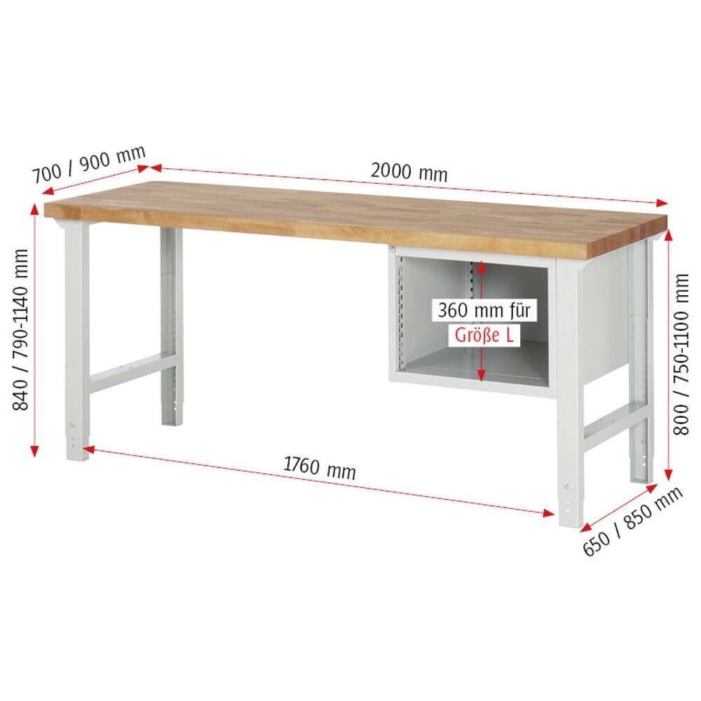 Productafbeelding nr. 7: Werkbank RAU serie 7000, 1 kast, hxbxd 790-1.140 x 2.000 x 900 mm, 2 x voor 100% uittrekbare lades 2 x 180 mm