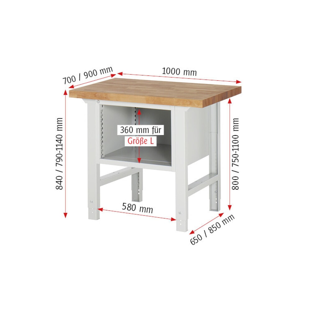 Productafbeelding nr. 7: Werkbank RAU serie 7000, 1 kast, hxbxd 790-1.140 x 1.000 x 700 mm, 2 x voor 90% uittrekbare lades 1 x 150, 1 x 210 mm