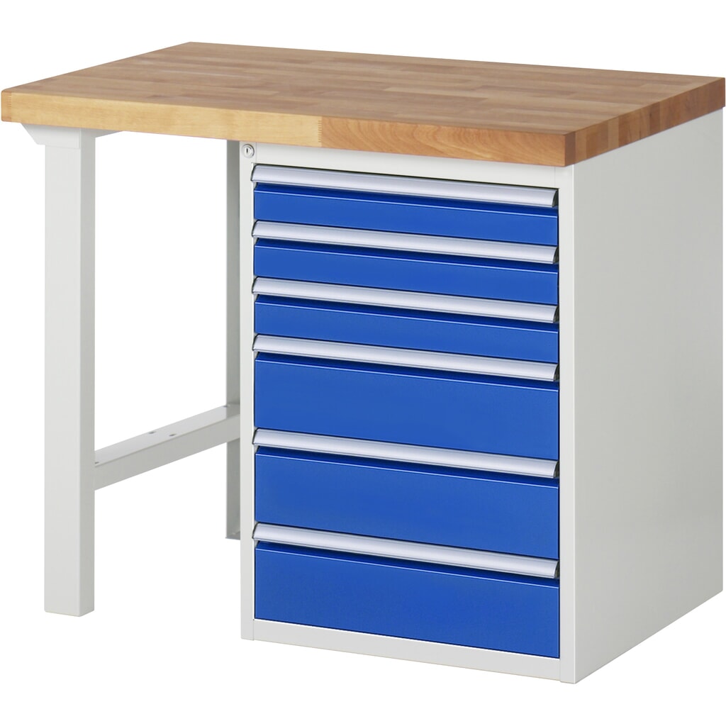 RAU werkbank serie 7000, h x b x d 890 x 1.000 x 700 mm, 1 onderbouwkast rechts, met 6 lades Product afbeelding: RAU werkbank serie 7000, h x b x d 890 x 1.000 x 700 mm, 1 onderbouwkast rechts, met 6 lades