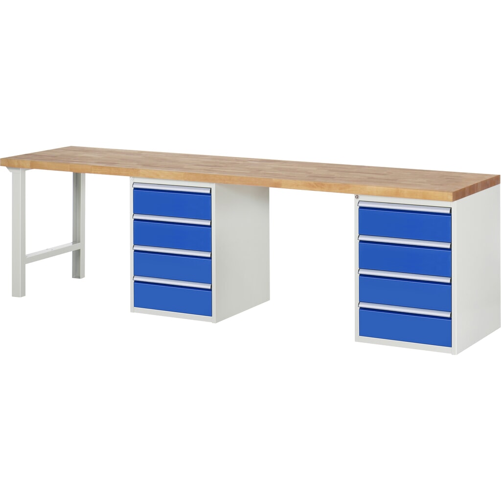 RAU werkbank serie 7000, h x b x d 890 x 3.000 x 700 mm, 2 onderbouwkasten, met telkens 4 lades Product afbeelding: RAU werkbank serie 7000, h x b x d 890 x 3.000 x 700 mm, 2 onderbouwkasten, met telkens 4 lades