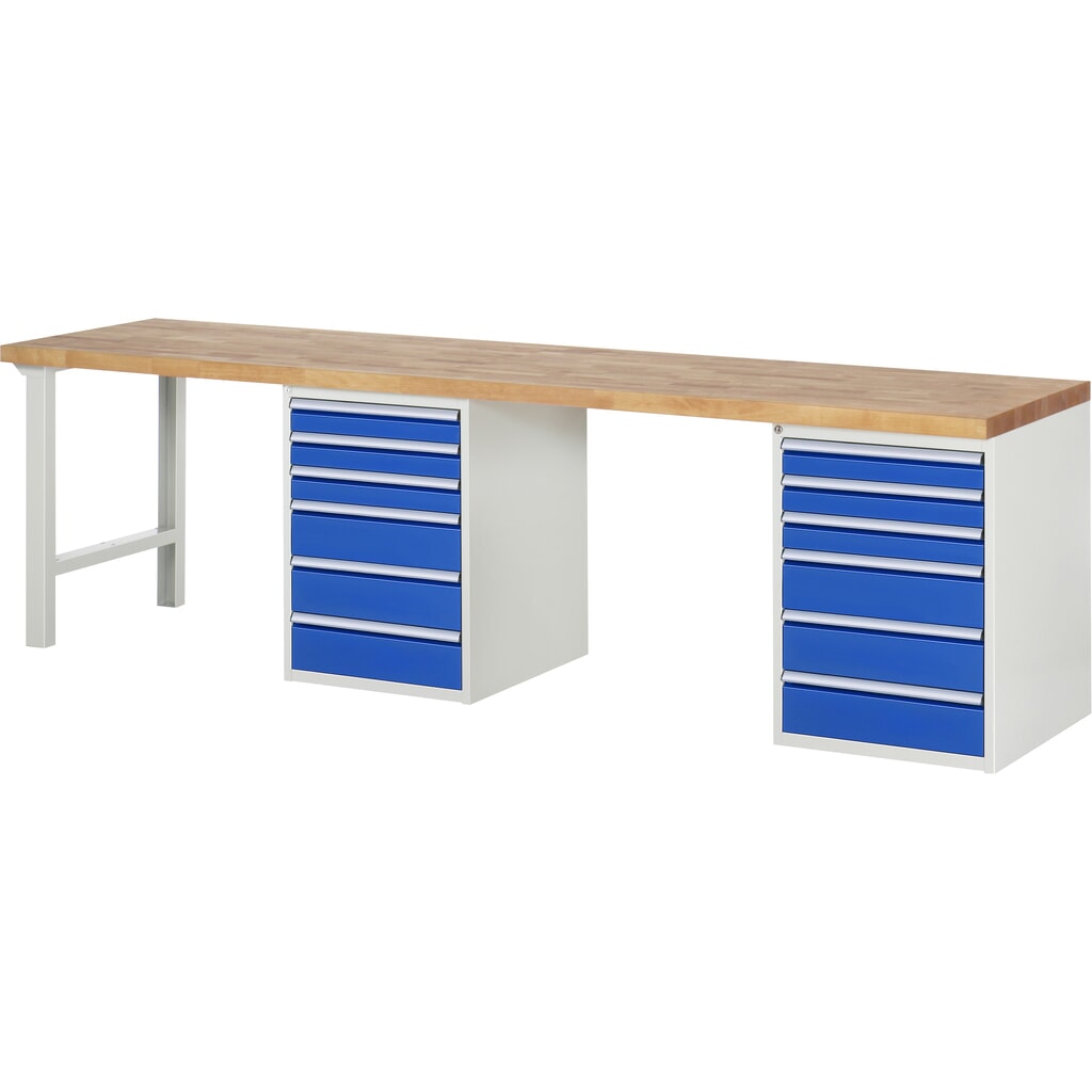 Product afbeelding: RAU werkbank serie 7000, h x b x d 890 x 3.000 x 700 mm, 2 onderbouwkasten, met telkens 6 lades