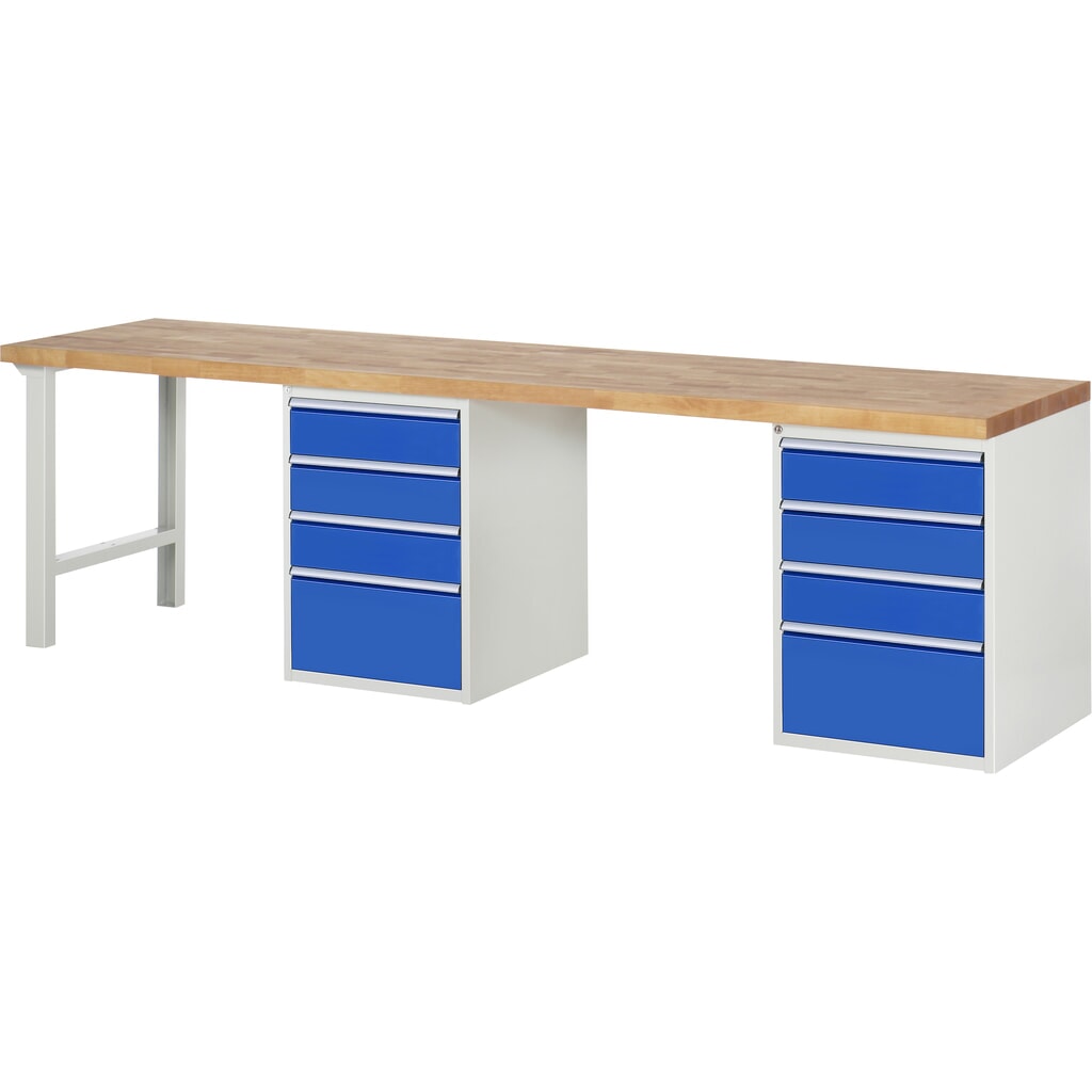 RAU werkbank serie 7000, h x b x d 890 x 3.000 x 700 mm, 2 onderbouwkasten, met telkens 4 lades Product afbeelding: RAU werkbank serie 7000, h x b x d 890 x 3.000 x 700 mm, 2 onderbouwkasten, met telkens 4 lades