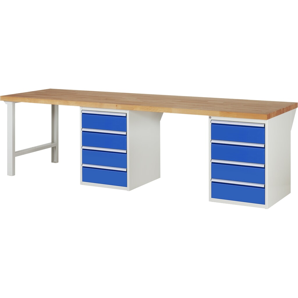 RAU werkbank serie 7000, h x b x d 890 x 3.000 x 900 mm, 2 onderbouwkasten, met telkens 4 lades Product afbeelding: RAU werkbank serie 7000, h x b x d 890 x 3.000 x 900 mm, 2 onderbouwkasten, met telkens 4 lades