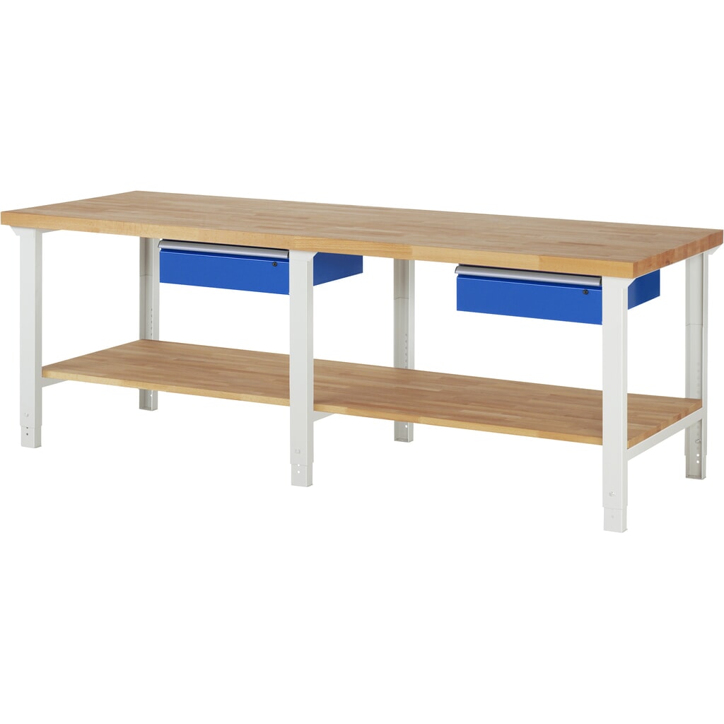 RAU werkbank serie 7000, h x b x d 790-1.140 x 2.500 x 900 mm, legbord onderaan, met 2 lades Product afbeelding: RAU werkbank serie 7000, h x b x d 790-1.140 x 2.500 x 900 mm, legbord onderaan, met 2 lades