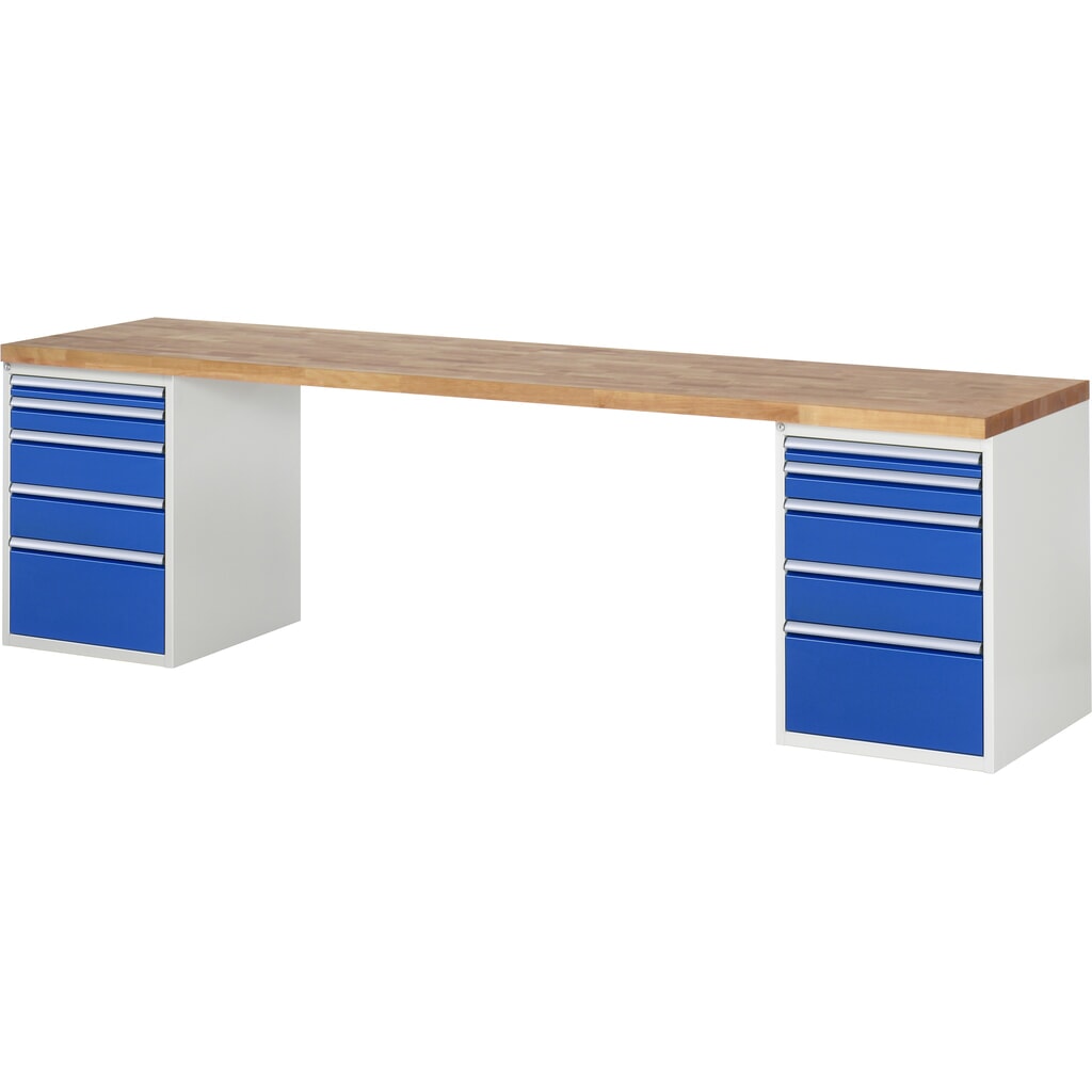 Product afbeelding: RAU werkbank serie 7000, h x b x d 890 x 3.000 x 700 mm, 2 onderbouwkasten, met telkens 5 lades