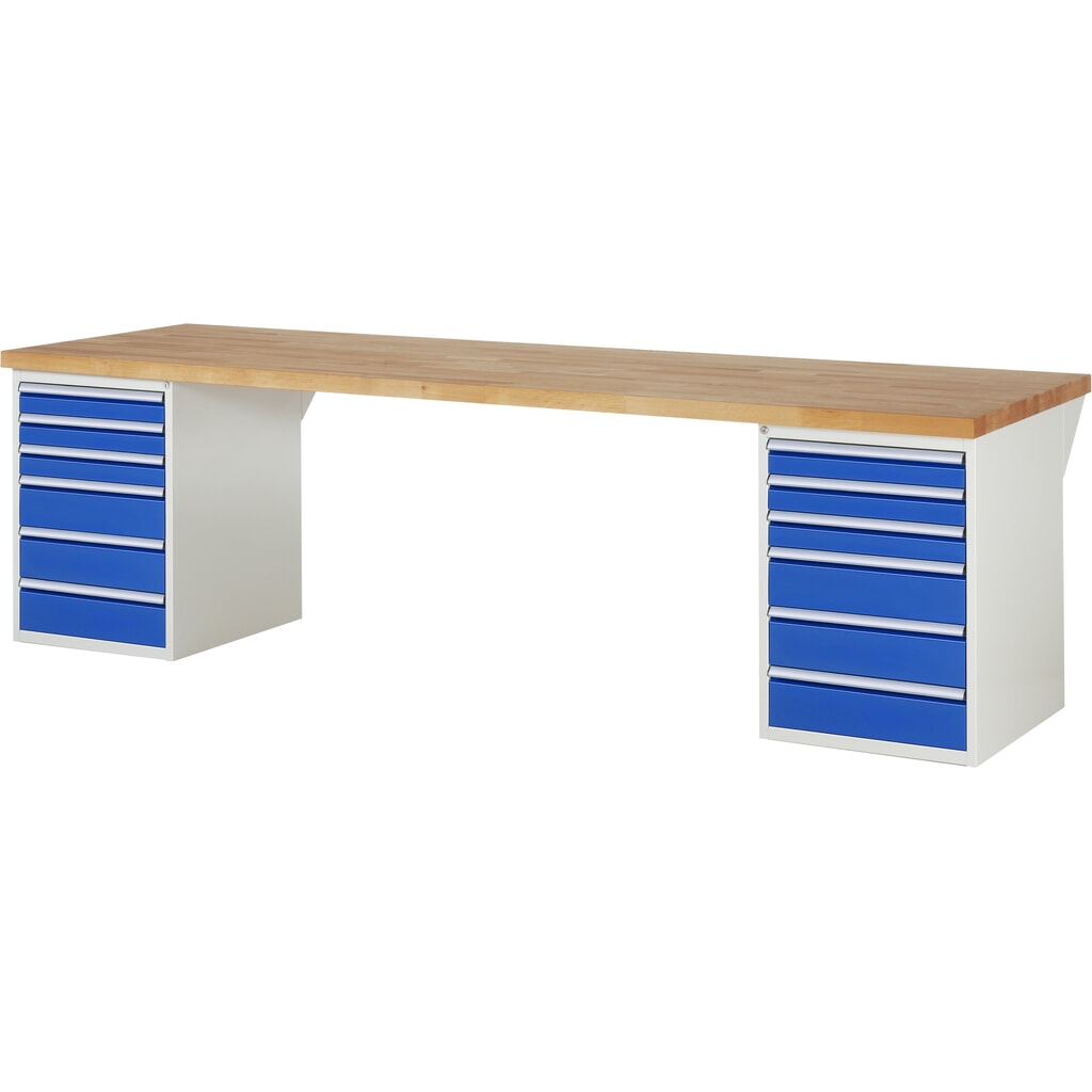 RAU werkbank serie 7000, h x b x d 890 x 3.000 x 900 mm, 2 onderbouwkasten, met telkens 6 lades Product afbeelding: RAU werkbank serie 7000, h x b x d 890 x 3.000 x 900 mm, 2 onderbouwkasten, met telkens 6 lades