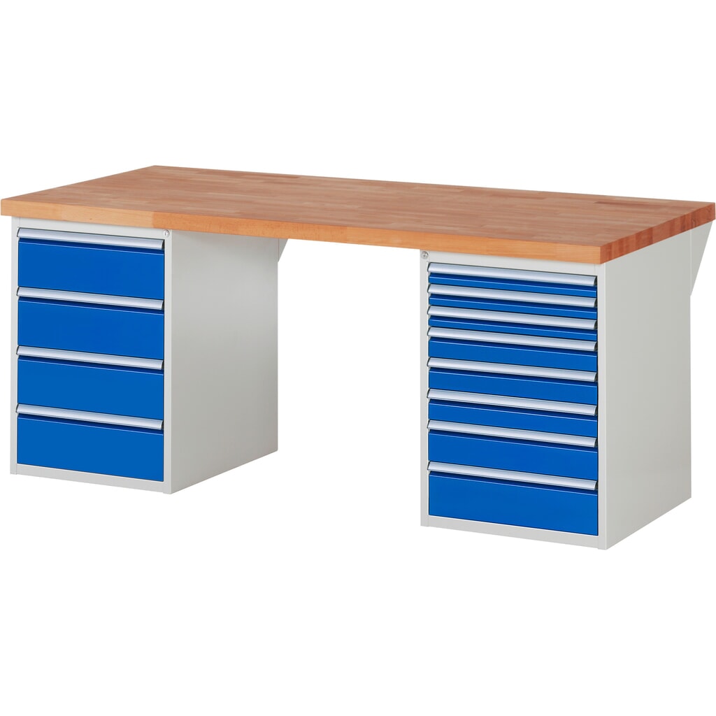 Product afbeelding: Werkbank RAU serie 7000, 2 kasten, hxbxd 890 x 2.000 x 900 mm, 12 x voor 100% uittrekbare lades 3 x 60 mm, 3 x 90 mm, 1 x 120 mm, 1 x 150 mm, 4 x 180 mm