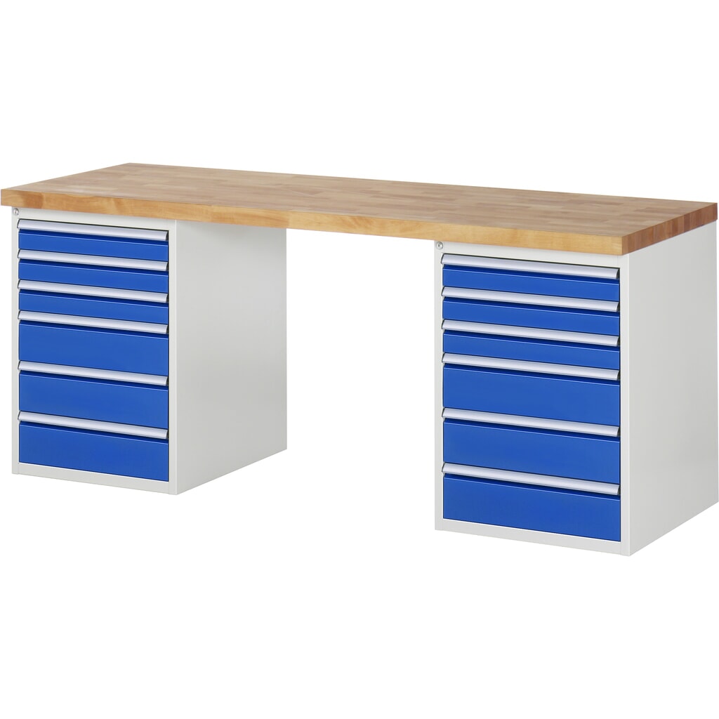 Product afbeelding: RAU werkbank serie 7000, h x b x d 890 x 2.000 x 700 mm, 2 onderbouwkasten, met telkens 6 lades