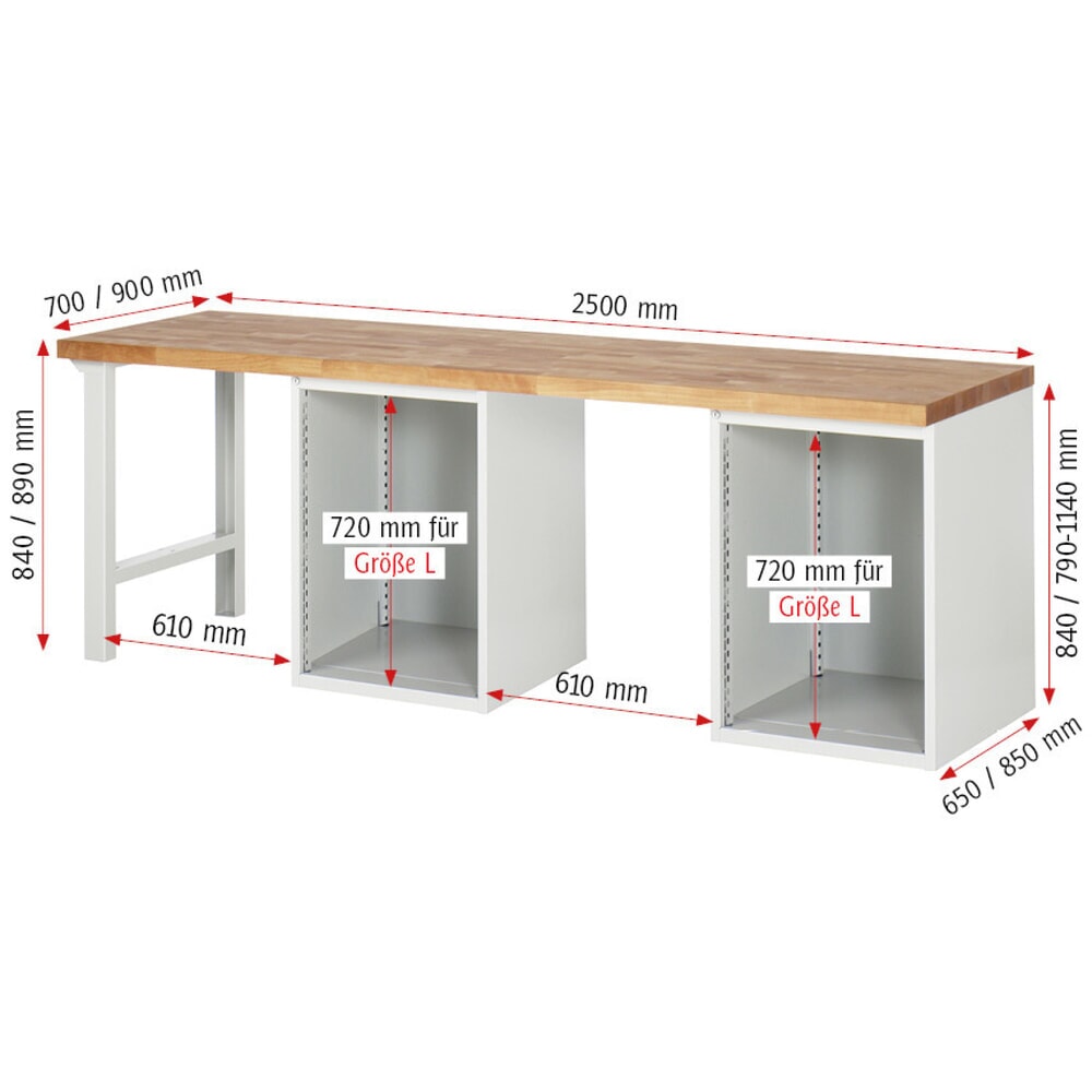 Productafbeelding nr. 7: Werkbank RAU serie 7000, 2 kasten, hxbxd 840 x 2.500 x 700 mm, 4 x voor 90% uittrekbare lades, 1 legbord, 2 draaideuren