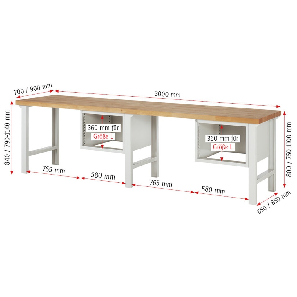 Productafbeelding nr. 6: Werkbank RAU serie 7000, 2 kasten, hxbxd 840 x 3.000 x 900 mm, 8 x voor 100% uittrekbare lades 2 x 60 mm, 4 x 90 mm, 2 x 120 mm