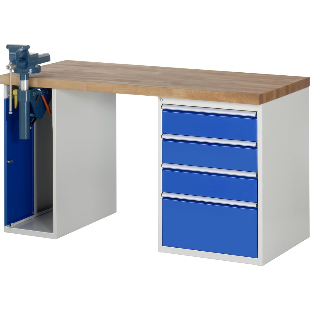 Product afbeelding: RAU werkbank serie 7000, h x b x d 890 x 1.500 x 700 mm, 1 onderbouwkast, met 4 lades en inklapbare bankschroef