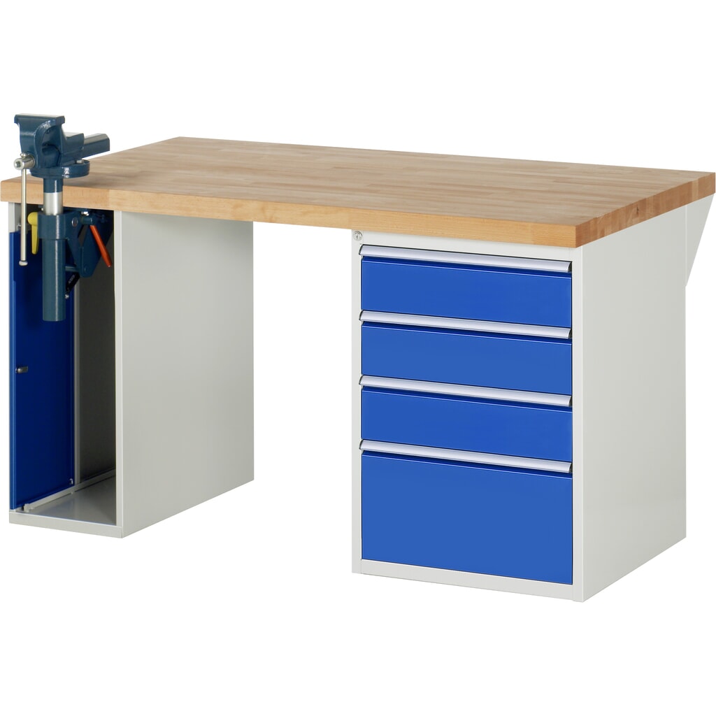RAU werkbank serie 7000, h x b x d 890 x 1.500 x 900 mm, 1 onderbouwkast, met 4 lades en inklapbare bankschroef Product afbeelding: RAU werkbank serie 7000, h x b x d 890 x 1.500 x 900 mm, 1 onderbouwkast, met 4 lades en inklapbare bankschroef