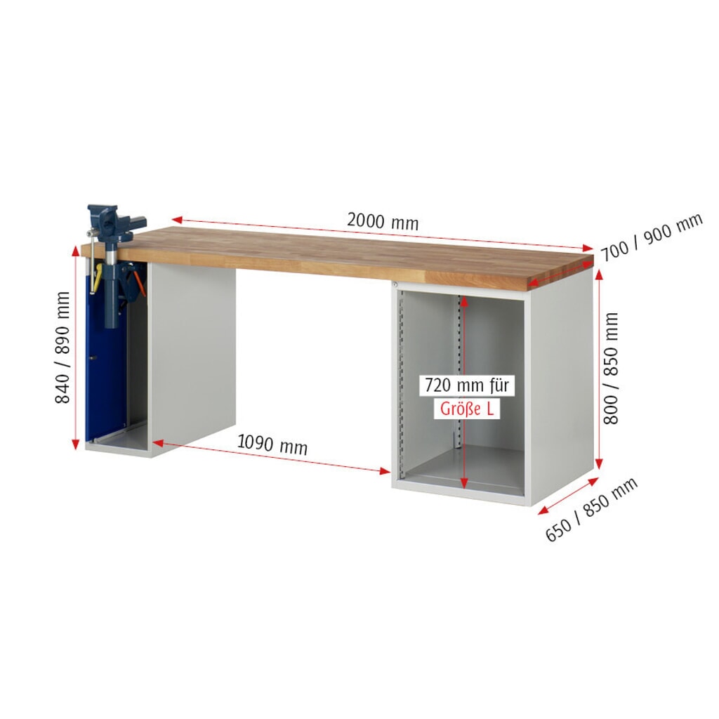Productafbeelding nr. 8: Werkbank RAU serie 7000, 2 kasten, hxbxd 840 x 2.000 x 900 mm, 4 x voor 100% uittrekbare lades 3 x 150 mm, 1 x 270 mm, draagvermogen lade 100 kg