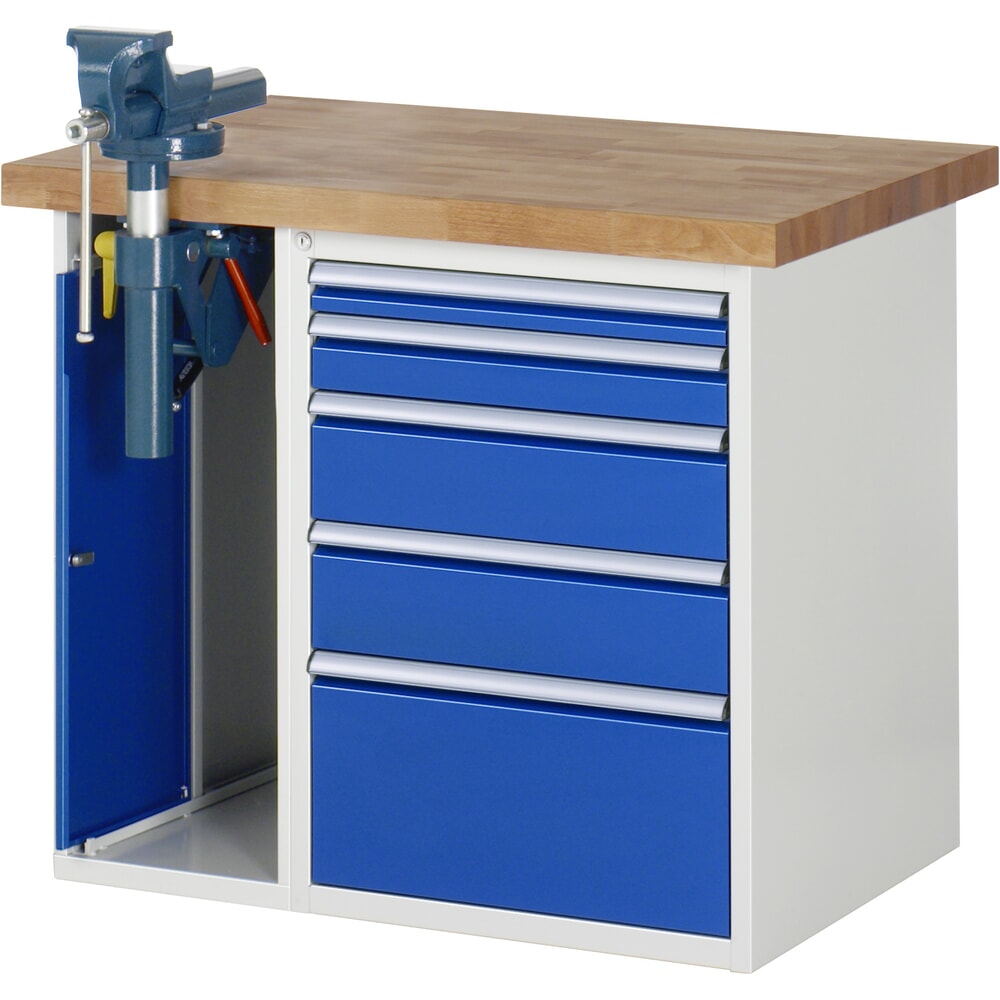 Productafbeelding nr. 1: RAU werkbank serie 7000, h x b x d 890 x 1.000 x 700 mm, 1 onderbouwkast, met 5 lades en inklapbare bankschroef