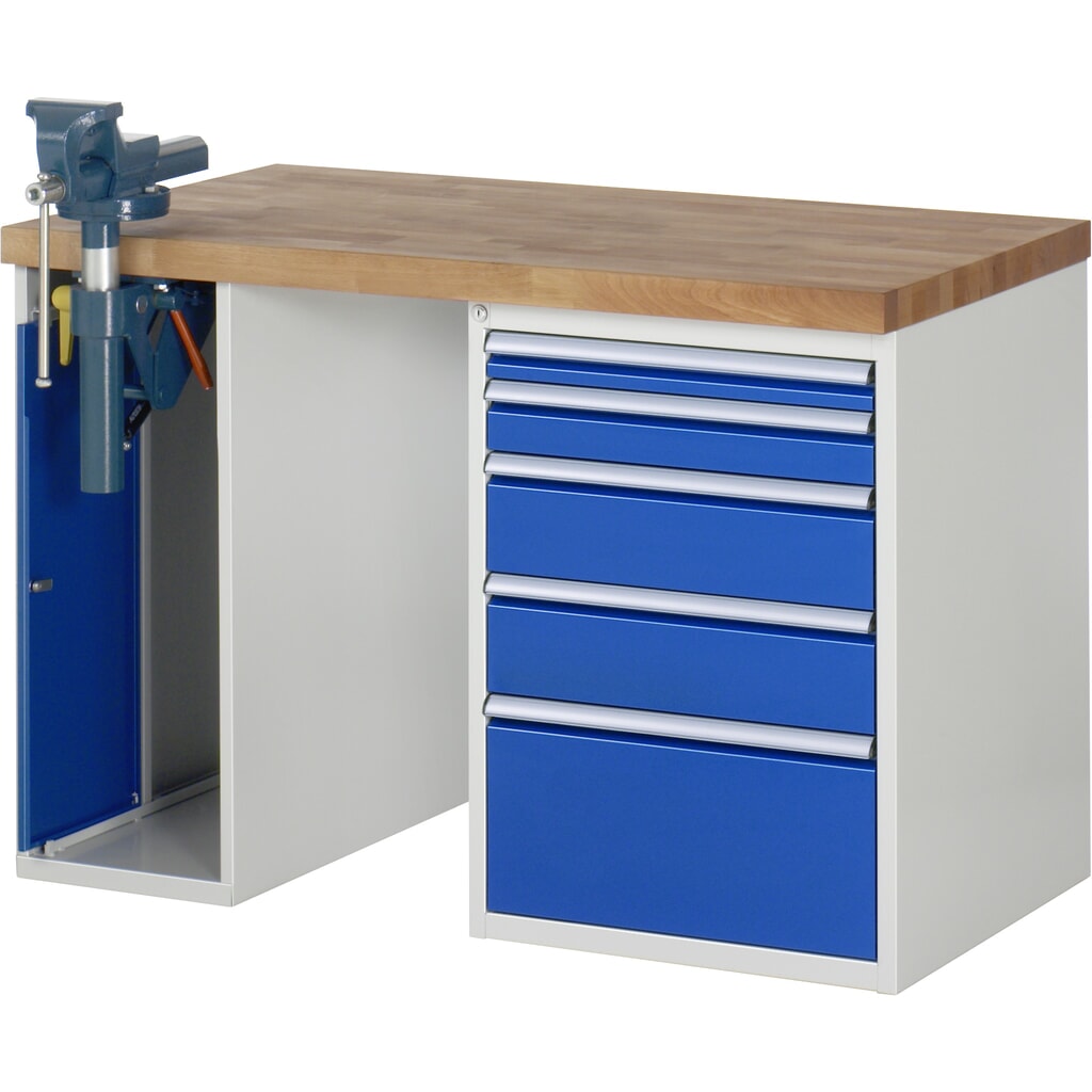 Product afbeelding: RAU werkbank serie 7000, h x b x d 890 x 1.250 x 700 mm, 1 onderbouwkast, met 5 lades en inklapbare bankschroef