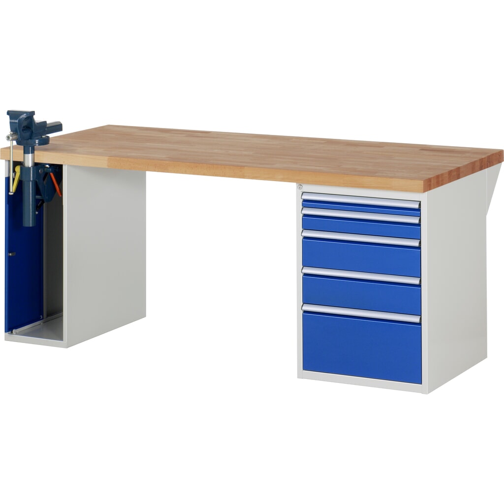 RAU werkbank serie 7000, h x b x d 890 x 2.000 x 900 mm, 1 onderbouwkast, met 5 lades en inklapbare bankschroef Product afbeelding: RAU werkbank serie 7000, h x b x d 890 x 2.000 x 900 mm, 1 onderbouwkast, met 5 lades en inklapbare bankschroef