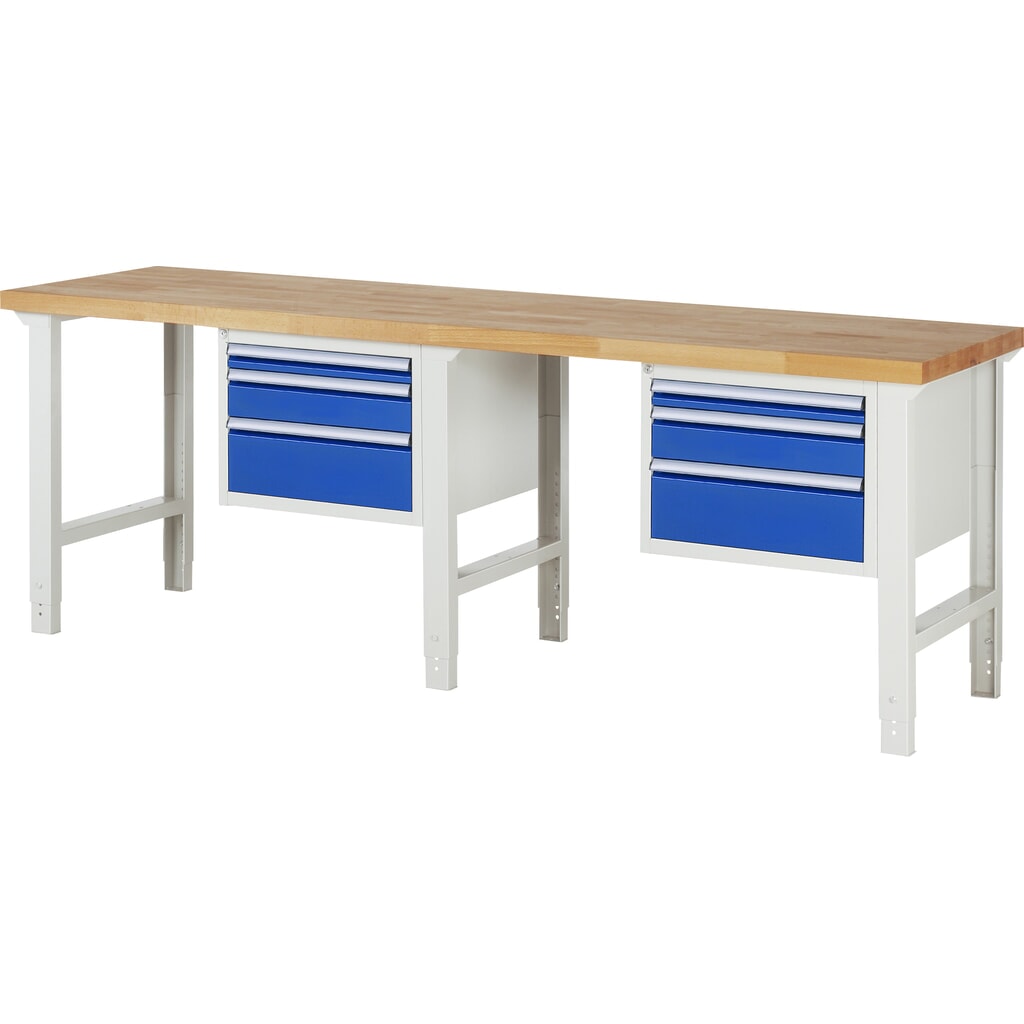 RAU werkbank serie 7000, h x b x d 790-1.140 x 2.500 x 700 mm, 2 onderbouwkasten, met telkens 3 lades Productafbeelding nr. 1: RAU werkbank serie 7000, h x b x d 790-1.140 x 2.500 x 700 mm, 2 onderbouwkasten, met telkens 3 lades