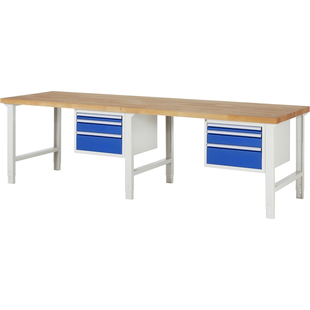 RAU werkbank serie 7000, h x b x d 790-1.140 x 3.000 x 900 mm, 2 onderbouwkasten, met telkens 3 lades Product afbeelding: RAU werkbank serie 7000, h x b x d 790-1.140 x 3.000 x 900 mm, 2 onderbouwkasten, met telkens 3 lades