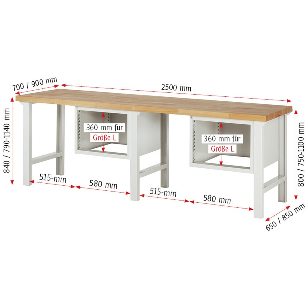 Productafbeelding nr. 5: Werkbank RAU serie 7000, 2 kasten, hxbxd 840 x 2.500 x 900 mm, 6 x voor 90% uittrekbare lades 2 x 60 mm, 2 x 120 mm, 2 x 180 mm