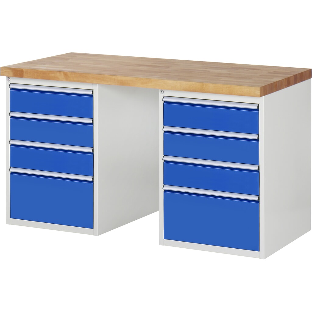 RAU werkbank serie 7000, h x b x d 890 x 1.500 x 700 mm, 2 onderbouwkasten, met telkens 4 lades Product afbeelding: RAU werkbank serie 7000, h x b x d 890 x 1.500 x 700 mm, 2 onderbouwkasten, met telkens 4 lades