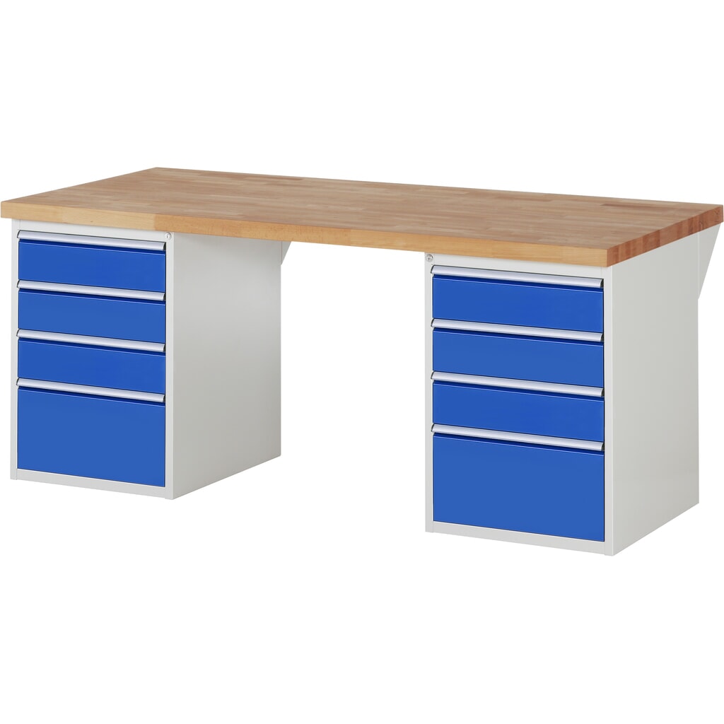 RAU werkbank serie 7000, h x b x d 890 x 2.000 x 900 mm, 2 onderbouwkasten, met telkens 4 lades Product afbeelding: RAU werkbank serie 7000, h x b x d 890 x 2.000 x 900 mm, 2 onderbouwkasten, met telkens 4 lades