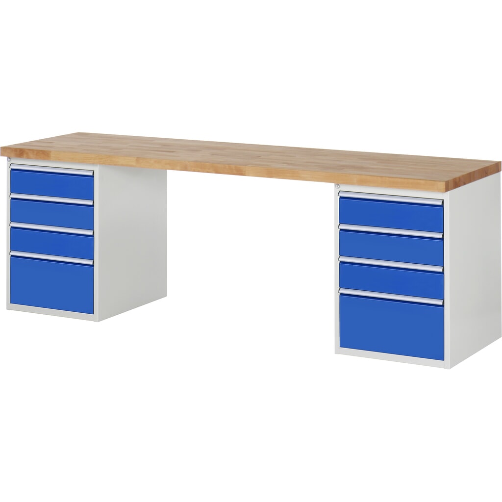 RAU werkbank serie 7000, h x b x d 890 x 2.500 x 700 mm, 2 onderbouwkasten, met telkens 4 lades Product afbeelding: RAU werkbank serie 7000, h x b x d 890 x 2.500 x 700 mm, 2 onderbouwkasten, met telkens 4 lades