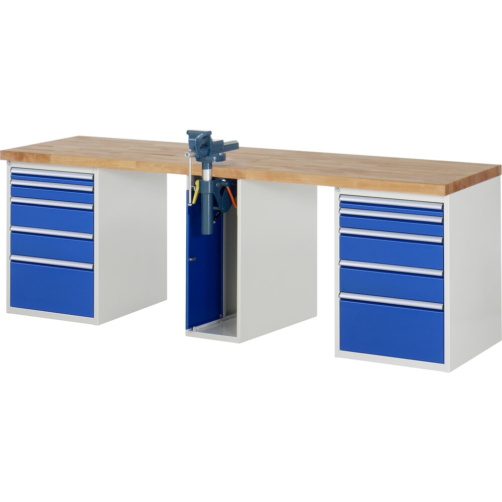 Productafbeelding nr. 1: RAU werkbank serie 7000, h x b x d 890 x 2.500 x 700 mm, 2 onderbouwkasten, met telkens 5 lades en inklapbare bankschroef in het midden