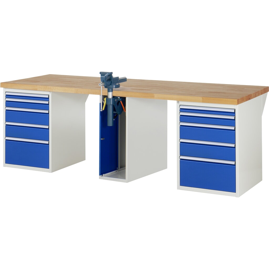 RAU werkbank serie 7000, h x b x d 890 x 2.500 x 900 mm, 2 onderbouwkasten, met telkens 5 lades en inklapbare bankschroef in het midden Product afbeelding: RAU werkbank serie 7000, h x b x d 890 x 2.500 x 900 mm, 2 onderbouwkasten, met telkens 5 lades en inklapbare bankschroef in het midden
