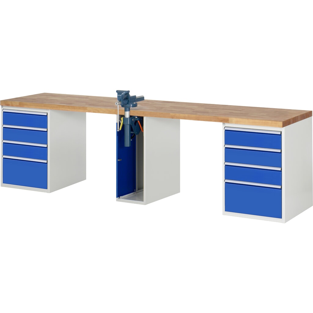 RAU werkbank serie 7000, h x b x d 890 x 3.000 x 700 mm, 2 onderbouwkasten, met telkens 5 lades en inklapbare bankschroef in het midden Product afbeelding: RAU werkbank serie 7000, h x b x d 890 x 3.000 x 700 mm, 2 onderbouwkasten, met telkens 5 lades en inklapbare bankschroef in het midden