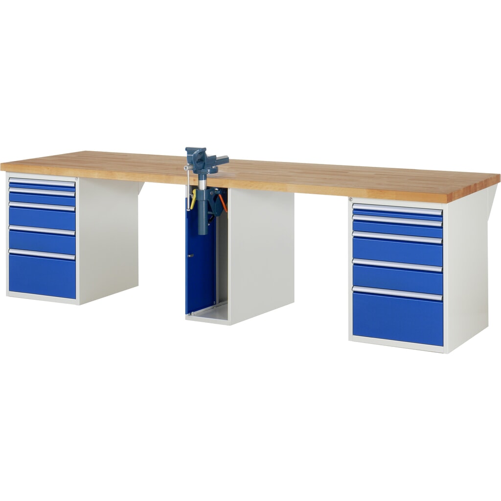 RAU werkbank serie 7000, h x b x d 890 x 3.000 x 900 mm, 2 onderbouwkasten, met telkens 5 lades en inklapbare bankschroef in het midden Product afbeelding: RAU werkbank serie 7000, h x b x d 890 x 3.000 x 900 mm, 2 onderbouwkasten, met telkens 5 lades en inklapbare bankschroef in het midden