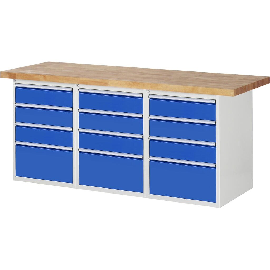 RAU werkbank serie 7000, h x b x d 890 x 2.000 x 700 mm, 3 onderbouwkasten, met telkens 4 lades Productafbeelding nr. 1: RAU werkbank serie 7000, h x b x d 890 x 2.000 x 700 mm, 3 onderbouwkasten, met telkens 4 lades