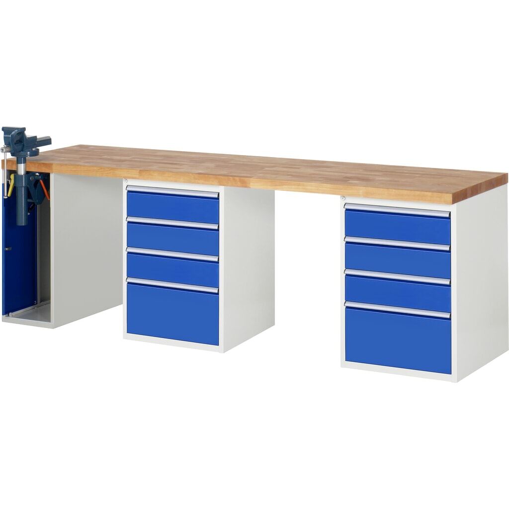 RAU werkbank serie 7000, h x b x d 890 x 2.500 x 700 mm, 2 onderbouwkasten, met telkens 4 lades en inklapbare bankschroef links Product afbeelding: RAU werkbank serie 7000, h x b x d 890 x 2.500 x 700 mm, 2 onderbouwkasten, met telkens 4 lades en inklapbare bankschroef links