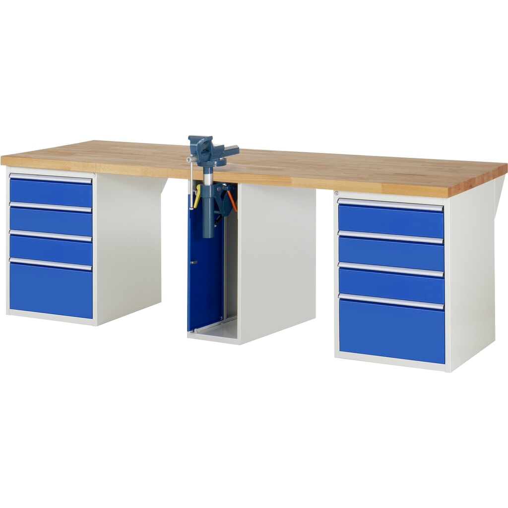 RAU werkbank serie 7000, h x b x d 890 x 2.500 x 900 mm, 2 onderbouwkasten, met telkens 4 lades en inklapbare bankschroef in het midden Product afbeelding: RAU werkbank serie 7000, h x b x d 890 x 2.500 x 900 mm, 2 onderbouwkasten, met telkens 4 lades en inklapbare bankschroef in het midden