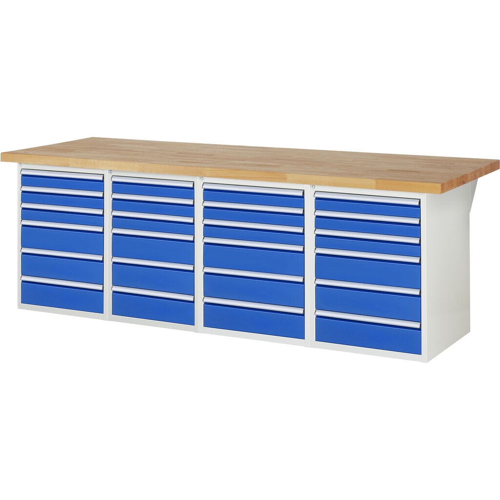 RAU werkbank serie 7000, h x b x d 890 x 2.500 x 900 mm, 4 onderbouwkasten, met telkens 6 lades Product afbeelding: RAU werkbank serie 7000, h x b x d 890 x 2.500 x 900 mm, 4 onderbouwkasten, met telkens 6 lades