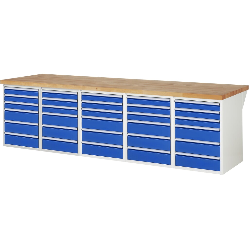 RAU werkbank serie 7000, h x b x d 890 x 3.000 x 900 mm, 5 onderbouwkasten, met telkens 6 lades Product afbeelding: RAU werkbank serie 7000, h x b x d 890 x 3.000 x 900 mm, 5 onderbouwkasten, met telkens 6 lades