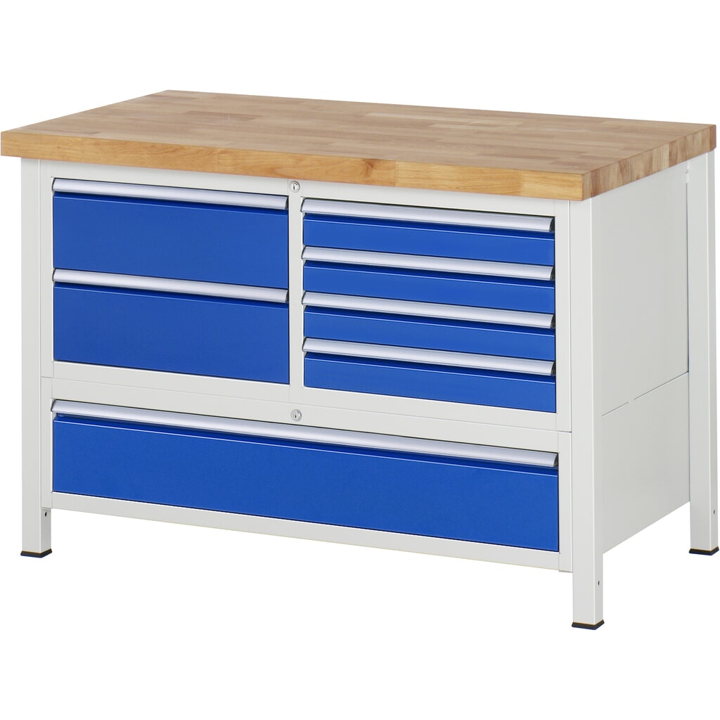 RAU werkbank serie 8000, h x b x d 840-1.040 x 1.250 x 700 mm, 1 driedubbele onderbouwkast, met 7 lades Product afbeelding: RAU werkbank serie 8000, h x b x d 840-1.040 x 1.250 x 700 mm, 1 driedubbele onderbouwkast, met 7 lades