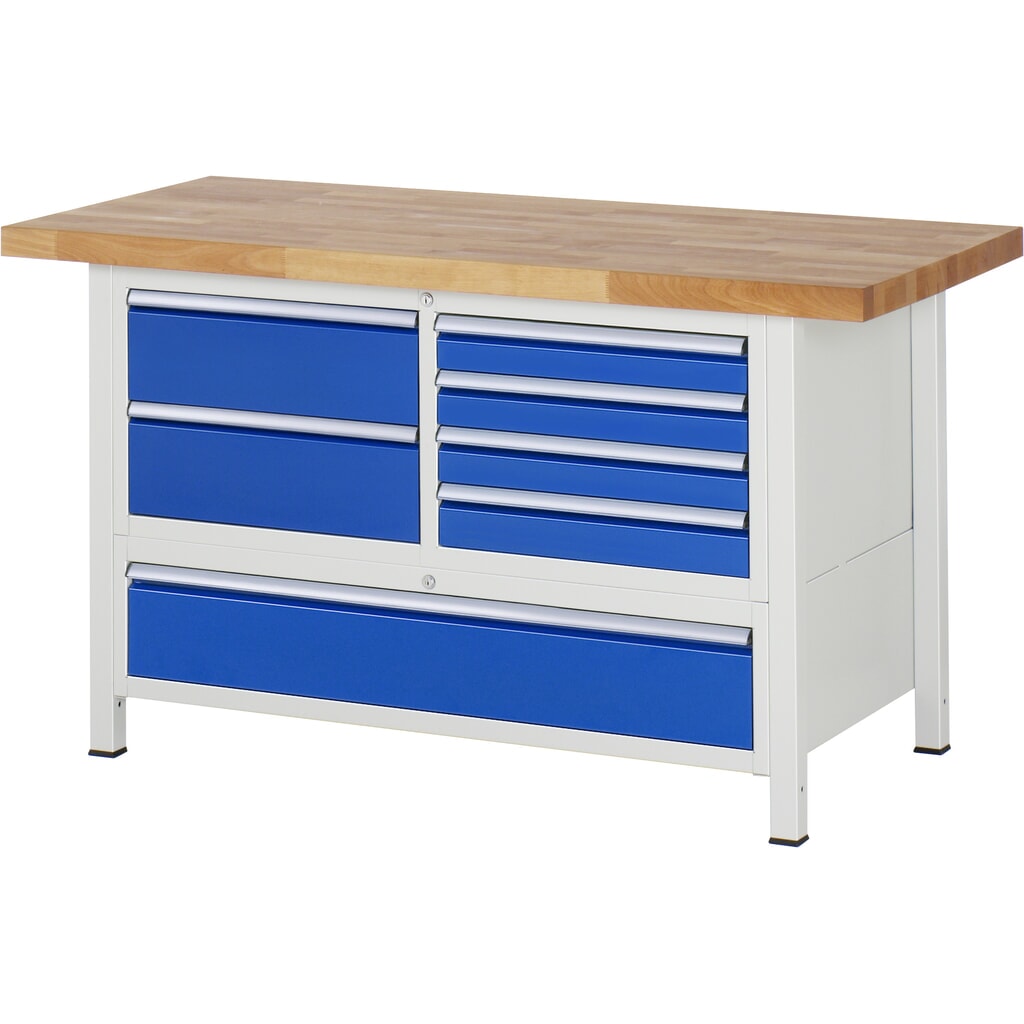 RAU werkbank serie 8000, h x b x d 840-1.040 x 1.500 x 700 mm, 1 driedubbele onderbouwkast, met 7 lades Product afbeelding: RAU werkbank serie 8000, h x b x d 840-1.040 x 1.500 x 700 mm, 1 driedubbele onderbouwkast, met 7 lades