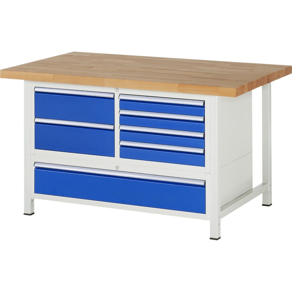 RAU werkbank serie 8000, h x b x d 840-1.040 x 1.500 x 900 mm, 1 driedubbele onderbouwkast, met 7 lades Product afbeelding: RAU werkbank serie 8000, h x b x d 840-1.040 x 1.500 x 900 mm, 1 driedubbele onderbouwkast, met 7 lades