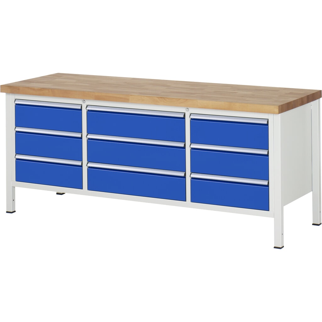 Werkbank RAU serie 8000, 1 driedubbele kast, hxbxd 840 x 2.000 x 700 mm, 9 x voor 90% uittrekbare lades, 9 x 180 mm, draagvermogen lade 100 / 75 kg Product afbeelding: Werkbank RAU serie 8000, 1 driedubbele kast, hxbxd 840 x 2.000 x 700 mm, 9 x voor 90% uittrekbare lades, 9 x 180 mm, draagvermogen lade 100 / 75 kg