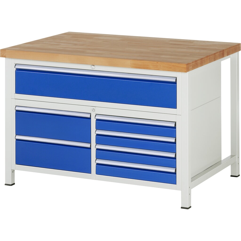 Werkbank RAU serie 8000, 1 driedubbele kast, hxbxd 840 x 1.250 x 900 mm, 7 x voor 90% uittrekbare lades 4 x 90, 3 x 180 mm Product afbeelding: Werkbank RAU serie 8000, 1 driedubbele kast, hxbxd 840 x 1.250 x 900 mm, 7 x voor 90% uittrekbare lades 4 x 90, 3 x 180 mm