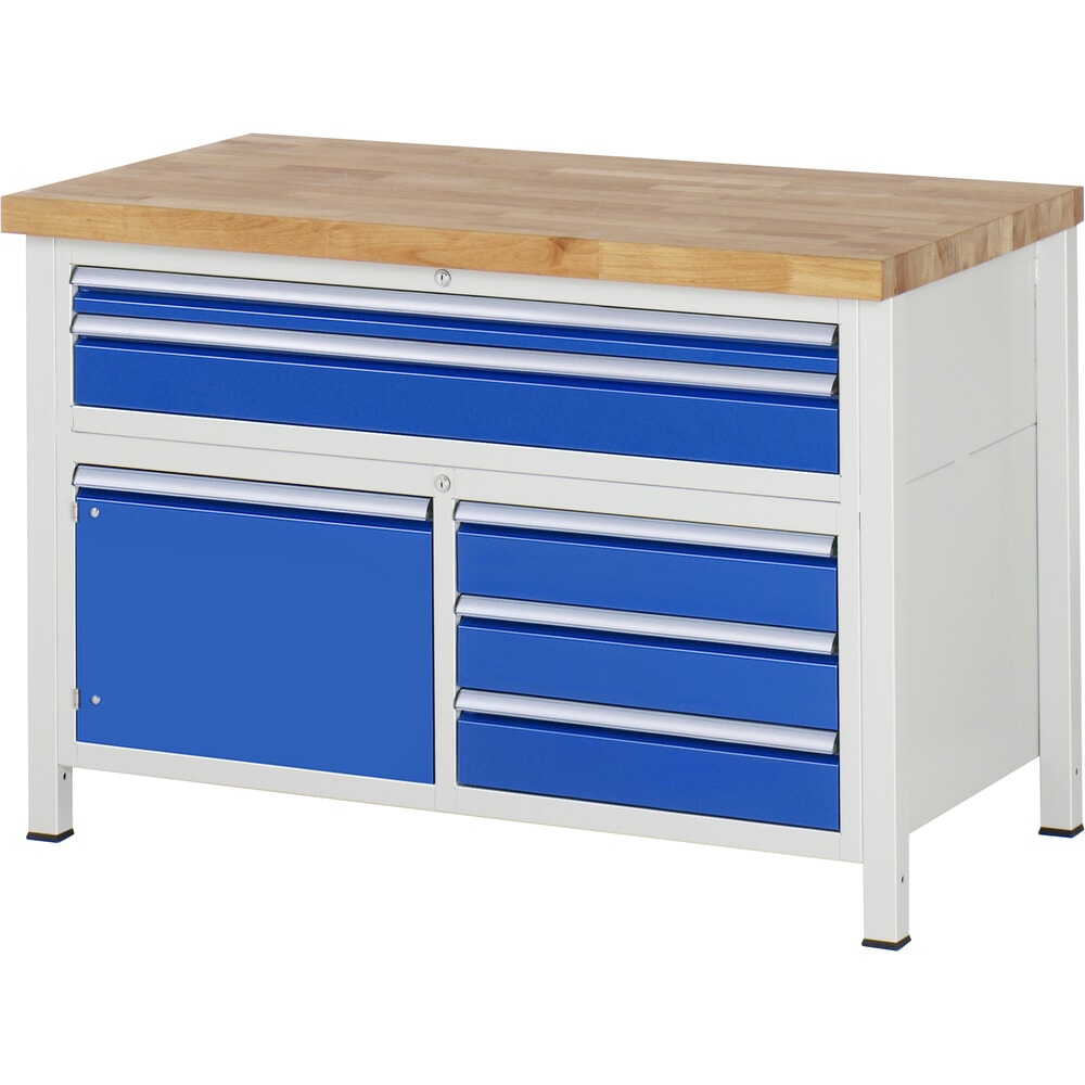 Productafbeelding nr. 1: RAU werkbank serie 8000, h x b x d 840-1.040 x 1.250 x 700 mm, 1 driedubbele onderbouwkast, met 5 lades en 1 openslaande deur
