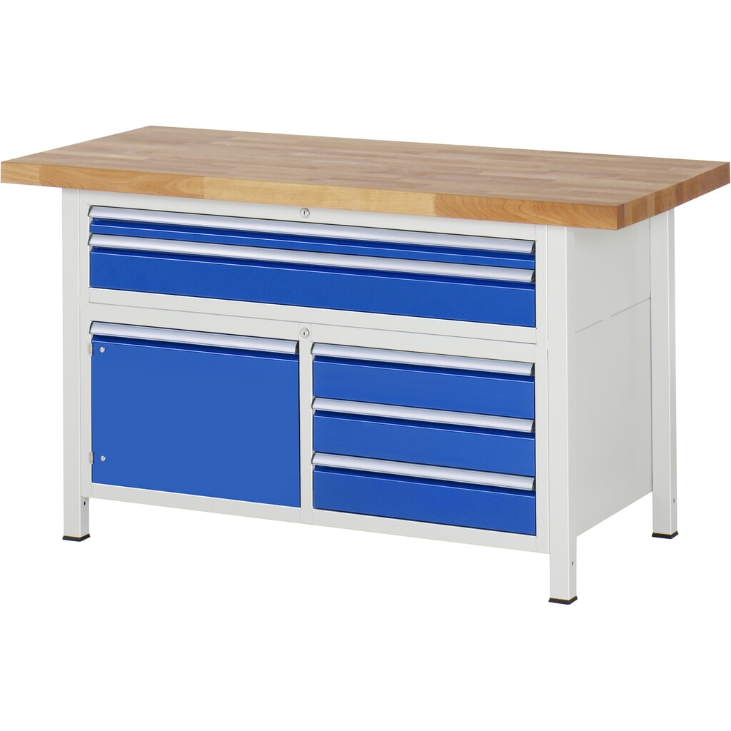 RAU werkbank serie 8000, h x b x d 840-1.040 x 1.500 x 700 mm, 1 driedubbele onderbouwkast, met 5 lades en 1 openslaande deur Product afbeelding: RAU werkbank serie 8000, h x b x d 840-1.040 x 1.500 x 700 mm, 1 driedubbele onderbouwkast, met 5 lades en 1 openslaande deur
