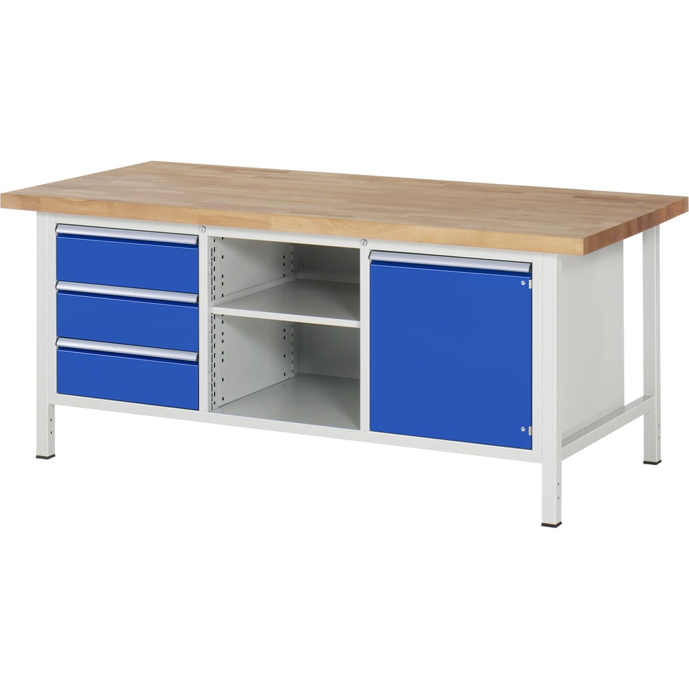 Product afbeelding: Werkbank RAU serie 8000, 1 driedubbele kast, 1 legbord, 1 draaideur, hxbxd 840 x 2.000 x 900 mm, 3 x voor 100% uittrekbare lades, ErgoScript®