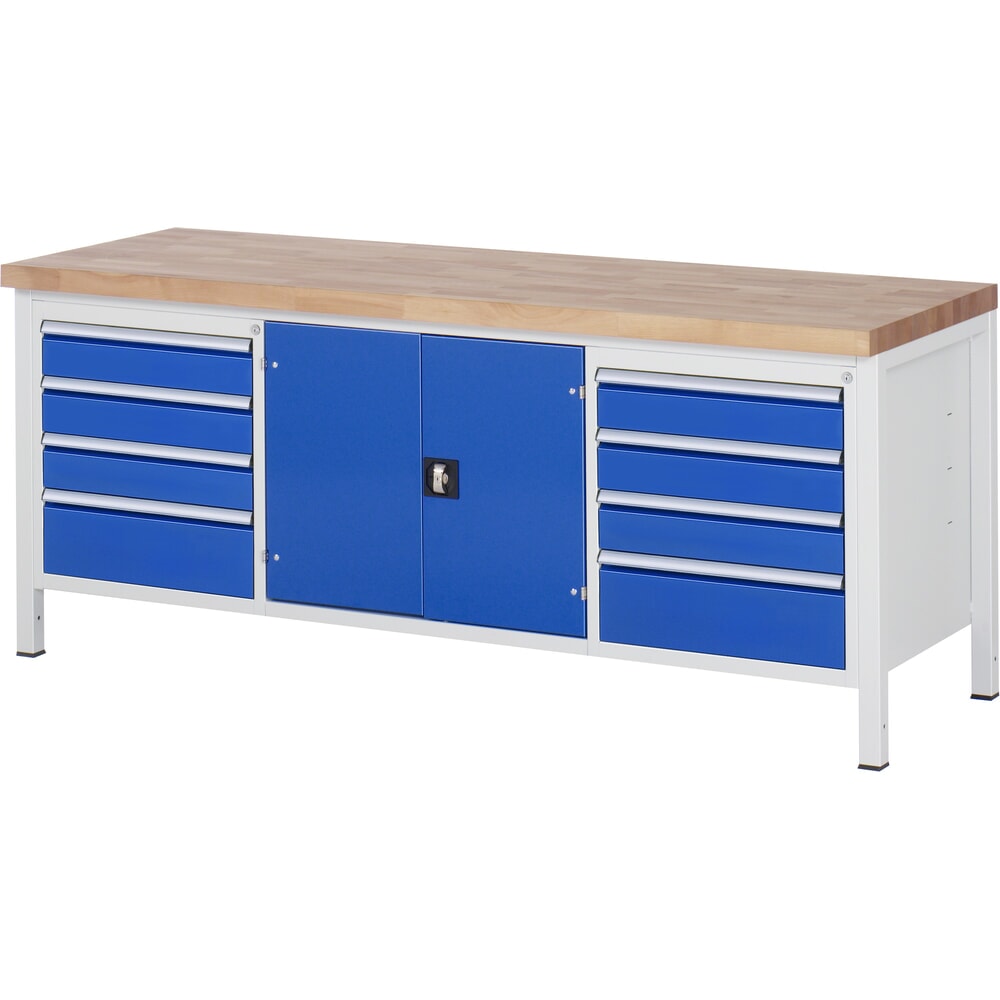 Productafbeelding nr. 1: Werkbank RAU serie 8000, 1 driedubbele kast, 1 legbord, 1 draaideur, hxbxd 840 x 2.000 x 700 mm, 8 x voor 90% uittrekbare lades