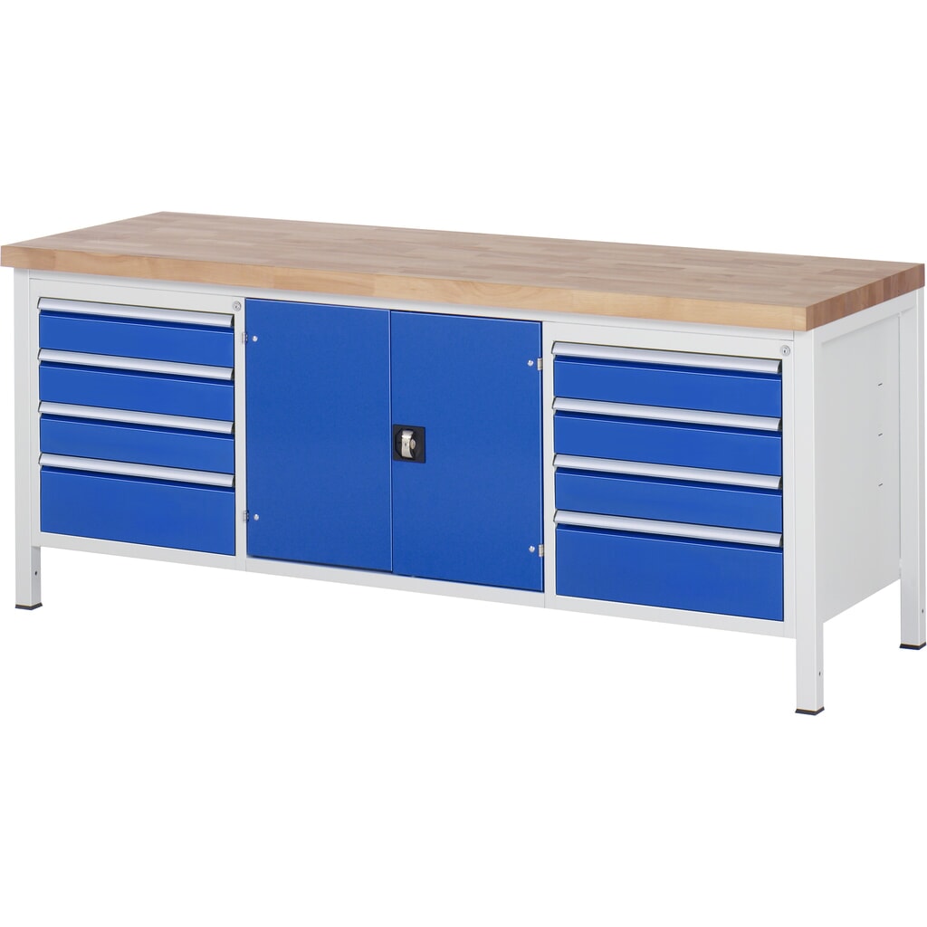 RAU werkbank serie 8000, h x b x d 840-1.040 x 2.000 x 700 mm, 1 driedubbele onderbouwkast, met 8 lades en 1 gereedschapsvak Product afbeelding: RAU werkbank serie 8000, h x b x d 840-1.040 x 2.000 x 700 mm, 1 driedubbele onderbouwkast, met 8 lades en 1 gereedschapsvak