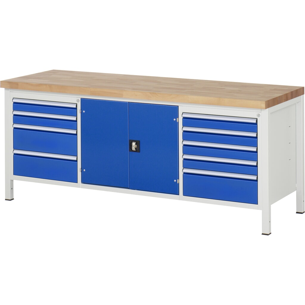 Werkbank RAU serie 8000, 1 driedubbele kast, 1 legbord, 1 draaideur, hxbxd 840-1.040 x 2.000 x 700 mm, 9 x voor 90% uittrekbare lades Product afbeelding: Werkbank RAU serie 8000, 1 driedubbele kast, 1 legbord, 1 draaideur, hxbxd 840-1.040 x 2.000 x 700 mm, 9 x voor 90% uittrekbare lades