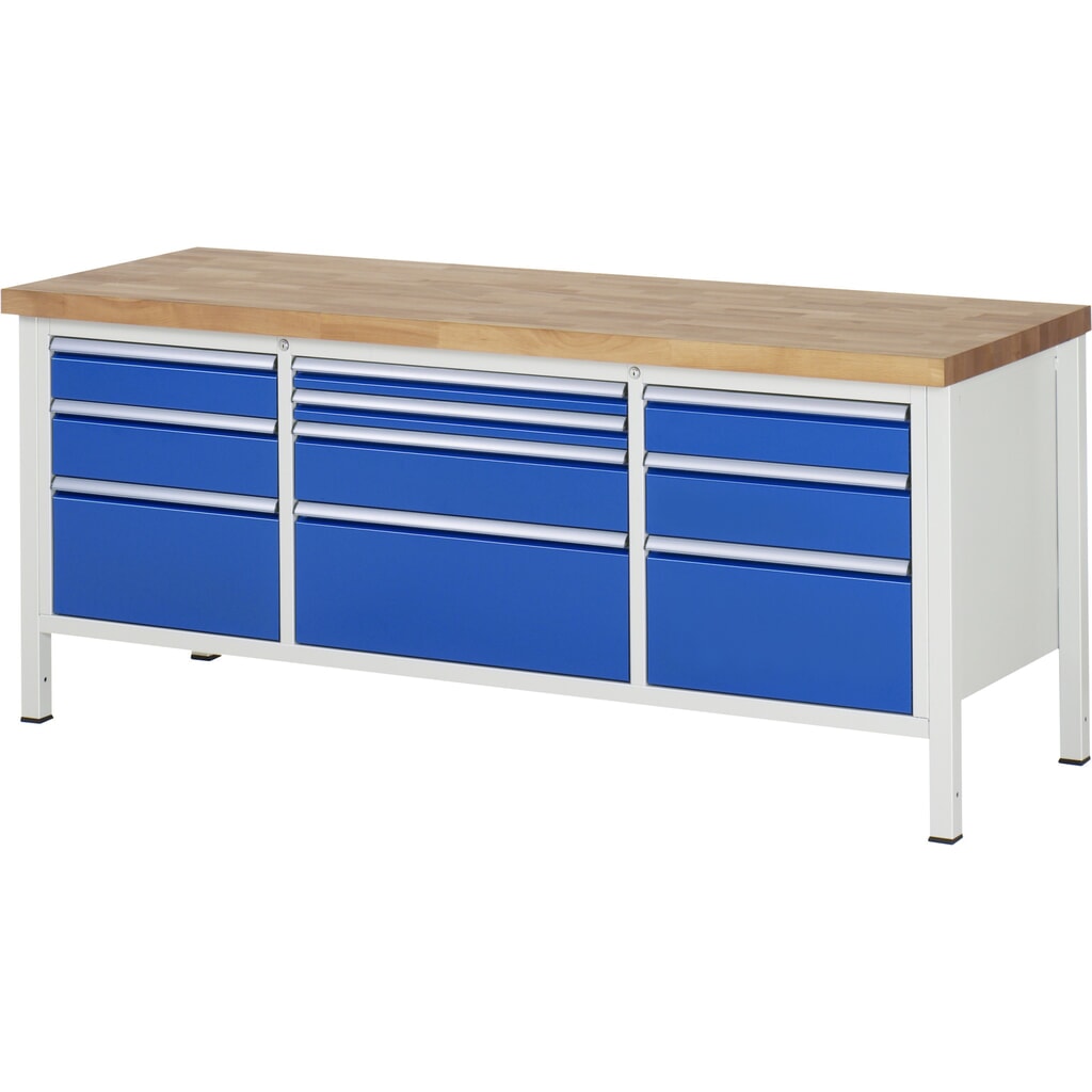 Product afbeelding: Werkbank RAU serie 8000, 1 driedubbele kast, hxbxd 840-1.040 x 2.000 x 700 mm, 10 x voor 90% uittrekbare lades, 2 x 60, 2 x 120, 3 x 150, 3 x 270 mm, draagvermogen lade 100 / 75 kg