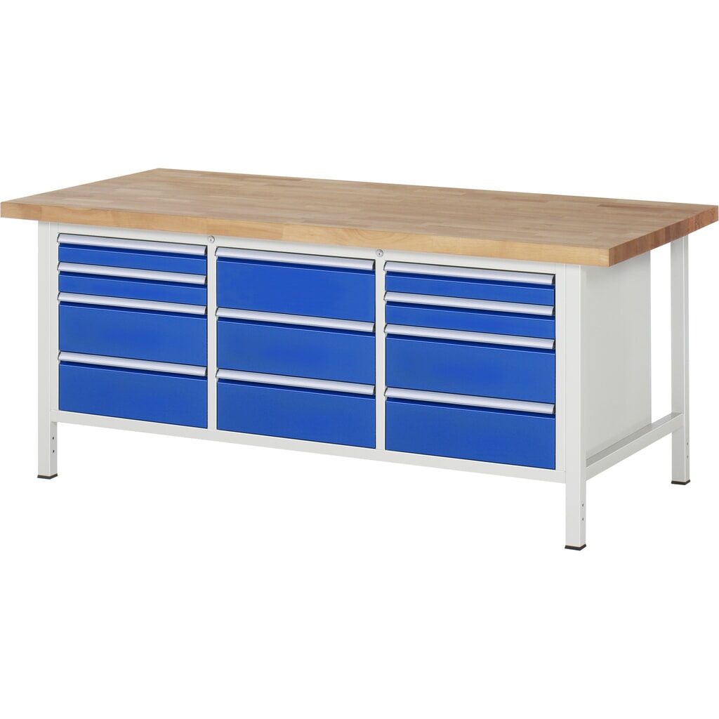 Werkbank RAU serie 8000, 1 driedubbele kast, hxbxd 840-1.040 x 2.000 x 900 mm, 11 lades, 4 x 90, 7 x 180 mm, draagvermogen lade 100 kg Product afbeelding: Werkbank RAU serie 8000, 1 driedubbele kast, hxbxd 840-1.040 x 2.000 x 900 mm, 11 lades, 4 x 90, 7 x 180 mm, draagvermogen lade 100 kg