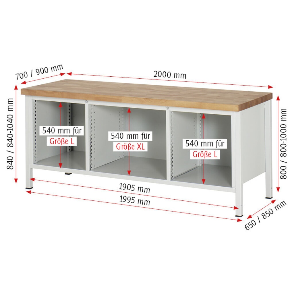 Productafbeelding nr. 7: Werkbank RAU serie 8000, 1 driedubbele kast, 2 legborden, hxbxd 840-1.040 x 2.000 x 900 mm, 4 x voor 90% uittrekbare lades, draagvermogen lade 75 kg