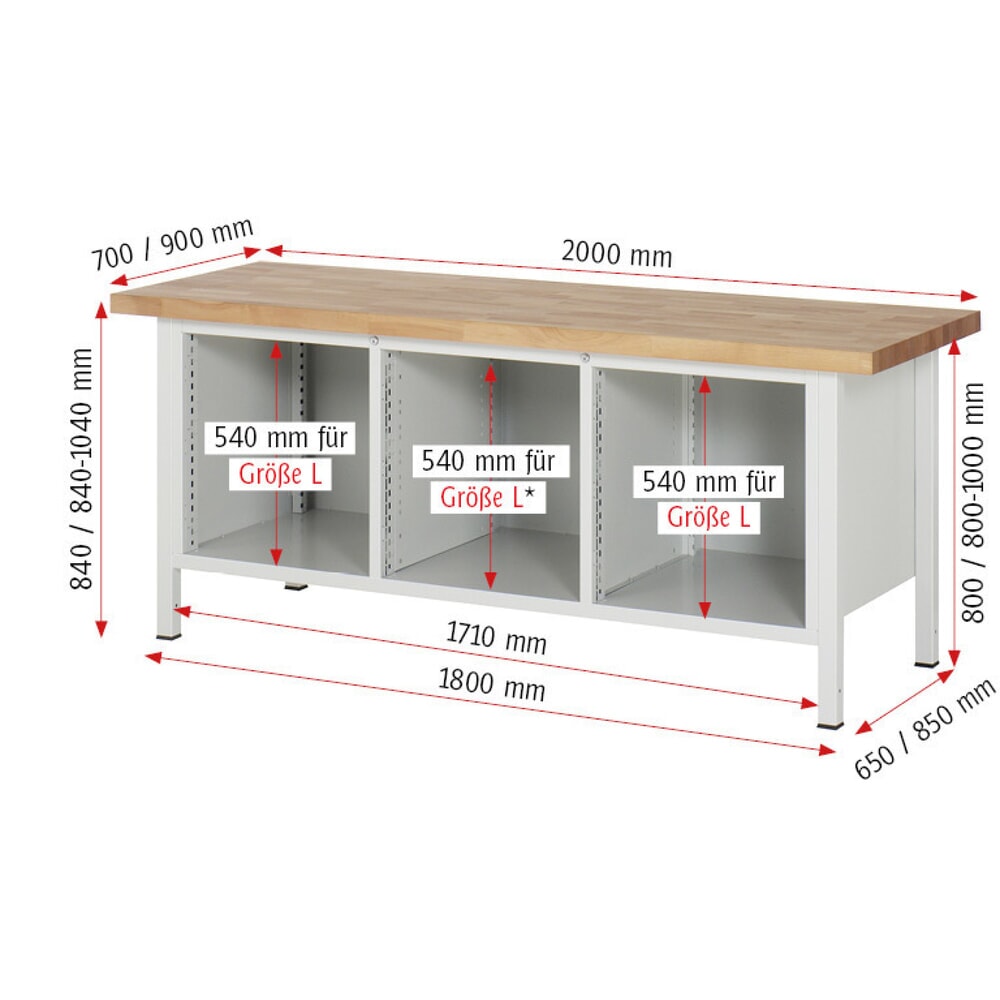 Productafbeelding nr. 6: Werkbank RAU serie 8000, 1 driedubbele kast, hxbxd 840 x 2.000 x 700 mm, 11 lades, 4 x 90, 7 x 180 mm, draagvermogen lade 100 kg